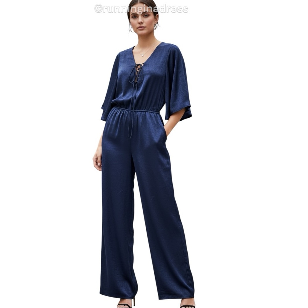 NWOT Jealous Tomato Lace Up Wide Leg Navy Blue Velvet Bell Sleeve Jumpsuit